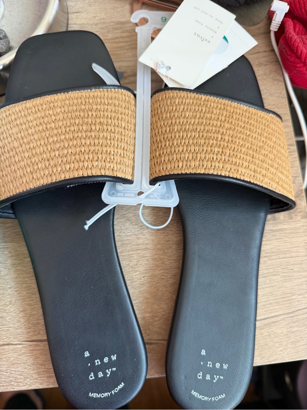 a new day Black Footbed with Natural Woven Strap Slide Sandals with memory foam